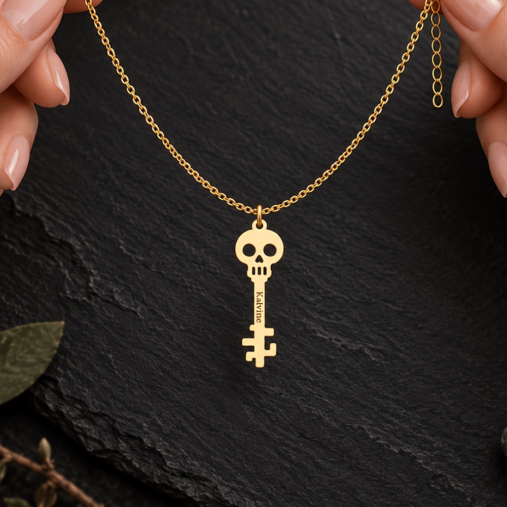 Personalized Custom Skull Key Name Necklace, Unique Design